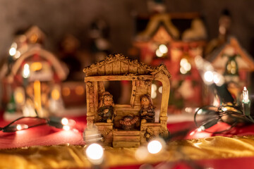 Fototapeta na wymiar Nativity Scene with christmas lights - night 