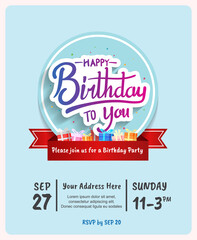 happy birthday invitation vector design with party element. balloons, glitter, gift box isolated on blue background. design can be use for celebration moment