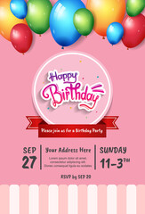 happy birthday invitation vector design with party element. balloons, glitter, gift box isolated on pink background. design can be use for celebration moment