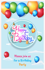 happy birthday vector design with circle, balloons, gift box isolated on blue background for poster and party invitation