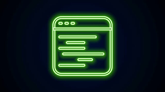 Glowing neon line Software, web developer programming code icon isolated on black background. Javascript computer script random parts of program code. 4K Video motion graphic animation.
