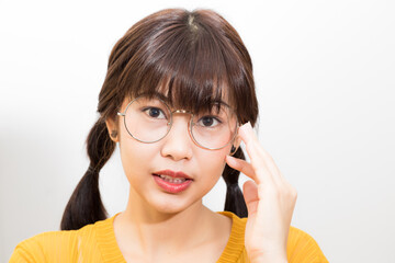 Beautiful asian women portrait long hair smiling wear yellow shirt