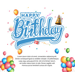 happy birthday typography blue color with birthday element isolated on white background for poster and party invitation