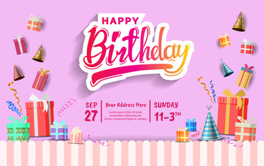 happy birthday invitation vector design with party element. balloons, glitter, gift box isolated on pink background. design can be use for celebration moment