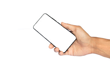 Man's hand holding a smartphone with a blank screen on a white background. Space for text