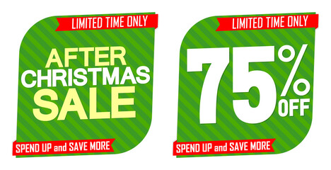 After Christmas Sale, 75% off, set discount banners design template, promotion tags, app icons, vector illustration
