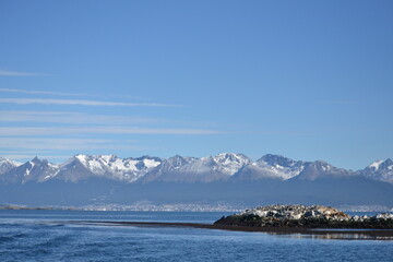 lake and mountains in winter time 