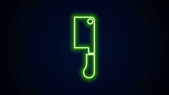 Glowing neon line Meat chopper icon isolated on black background. Butcher knife. Kitchen knife for meat. Butcher knife. 4K Video motion graphic animation.