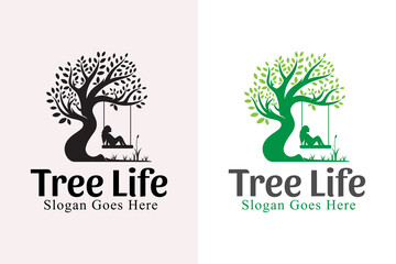 nature tree of life logo design inspiration. tree care and people design with black version