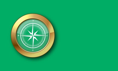 Vector illustration of compass and copy space isolated in green background. Travel and navigation concept.