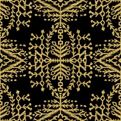 Seamless gold glitter on black tribal ethnic rug motif pattern. High quality illustration. Boho nomad textile print. Abstract gypsy design. Seamless repeat raster jpg pattern swatch.