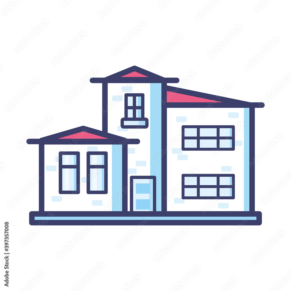 Poster house with windows and red roof line and fill style icon vector design