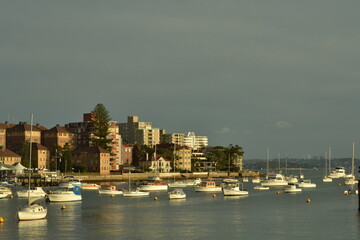Vista de barcos y edificios de la costa de Manly - Asutralia - en la golden hour 