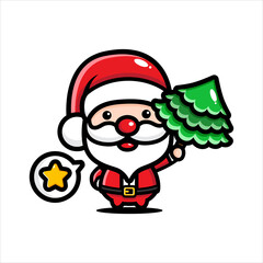 Cute Santa Claus character holding a Christmas tree