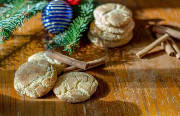 snicker-doodle holiday cookies on a festive Christmas backdrop 