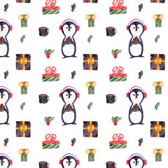 A penguin wearing mittens, gifts and mistletoe illustration. Watercolor Christmas Pattern. Holiday decorative clip art. Bright cute winter animals art. Festive background for December. 