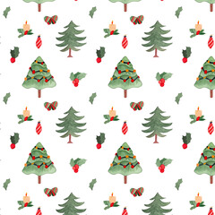 Christmas Trees and Mistletoes Illustration. Watercolor Christmas Pattern. Holiday decorative clip art. Winter trees and nature art. Cozy bright background for december celebration. 