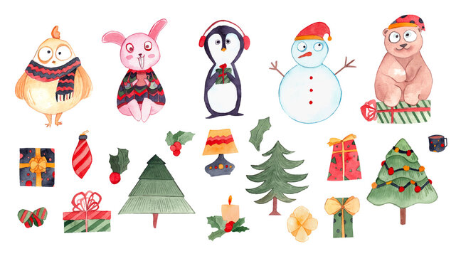 Animals in Christmas: Bird, Bunny (Rabbit), Penguin, Teddy Bear and Snowman.  Christmas elements: gifts, trees, candles, decors, cup of cocoa and mistletoe. Watercolor illustrations set. Noel vector