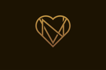 Abstract initials N and V logo, gold colour line style heart and letter combination, usable for brand, card and invitation, logo design template element,vector illustration