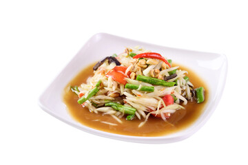 Thai food (Som Tum), Spicy green papaya salad isolated on white background