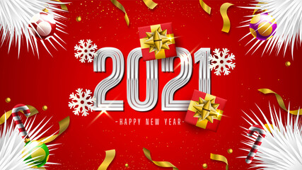 Happy new year 2021 with gift boxes, snowflakes and confetti
