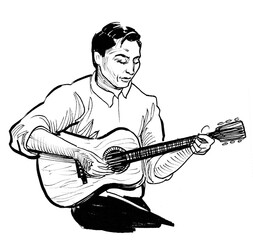 Young musician playing acoustic guitar. Ink black and white drawing
