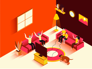 Family playing game at Home isometric 3d vector concept for banner, website, illustration, landing page, flyer, etc