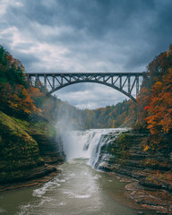 Upper Falls and the Portage Viaduct with autumn color, at Letchworth State Park, New York