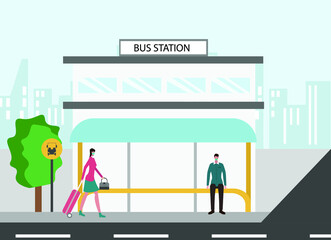 adult, arrival, autobus, baggage, building, bus, business, businessman, cartoon, city, clip art, concept, corona, coronavirus, covid19, departure, epidemic, face mask, horizontal, illustration, journe