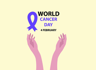 World Cancer Day awareness month vector concept: Hands hold World Cancer Day text with purple ribbon