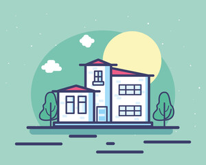 House and sun on blue background vector design