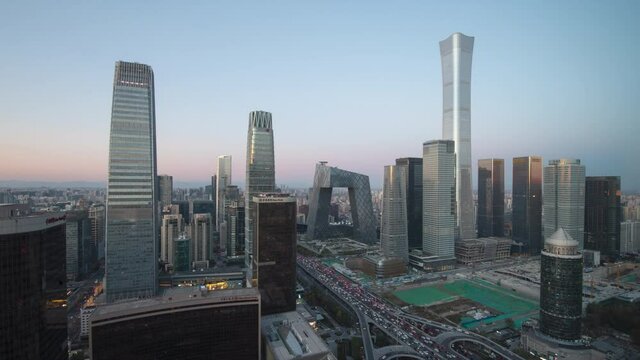 Timelapse.Beijing Landmark. Urban Skyscrapers at Sunset with Traffic Flow,China.