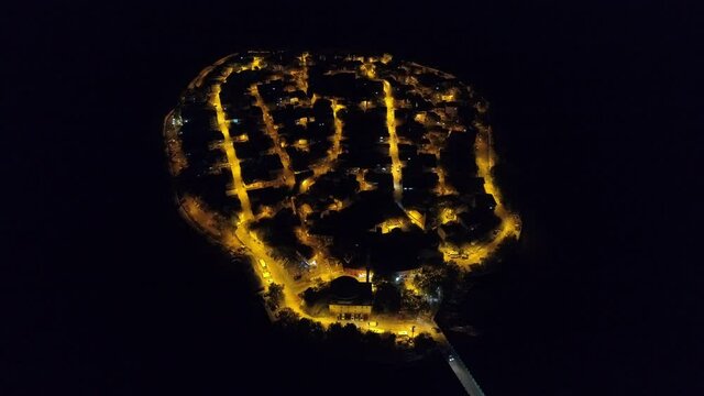 Aerial night view of Golyazi village at Bursa in Turkey. 4K Footage in Turkey