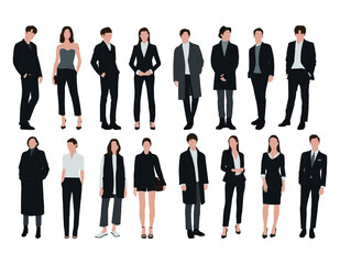 Vector of young businessman and women with suit, Business people, group of men and women, wearing working outfit, standing in white background