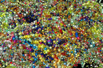 3d render of abstract art 3d background with surreal mix of small and big festive party particles balls or spheres in matte metallic material in green purple blue red orange white and yellow color