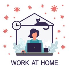 work at home. girl with laptop sitting on home.concept stop coronavirus COVID 19. Freelance concept. Cute illustration in flat style. the company allows employees to work from home to avoid viruses.