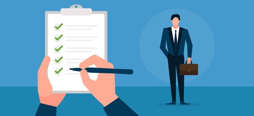 search for an employee in the company.Finding and hiring employees.Searching the best candidate or job. Business employment banner. employee for an interview.job interview horizontal banner.hr concept