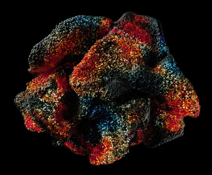 3d Render Of Abstract Art With Surreal Organic Stone Geology Mineral Substance As Coral Reef Based On Small Balls Particles In Red Blue And Green Color On Black Background 