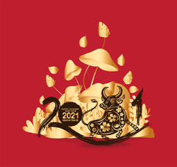 Happy Chinese New Year of the ox 2021 zodiac sign. Luxury gold mushrooms on red background for greetings card, invitation, posters, brochure, calendar, flyers, banners