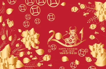 Fotobehang Happy Chinese New Year of the ox 2021 zodiac sign. Luxury gold florals on red background for greetings card, invitation, posters, brochure, calendar, flyers, banners © Big Pearl