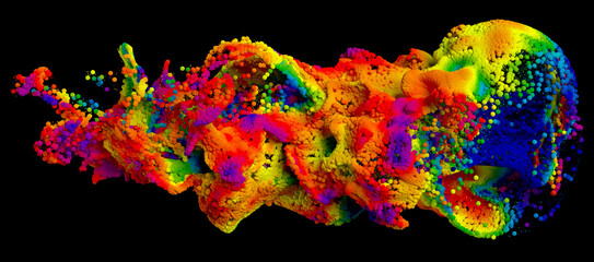3d render of abstract art with surreal growing explosion smoke cloud splash fluid based on rainbow gradient color foam balls particles in movement on isolated black background looks like sea jellyfish