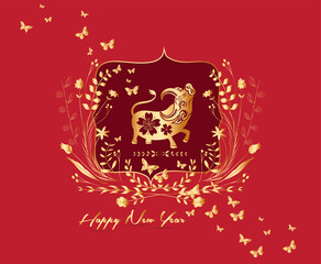 Fototapeta premium 2021 Chinese New Year vector illustration with flowers, Chinese typography Happy New Year, ox. Gold on red. Concept holiday card, banner, poster, decor element