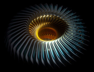 Obraz premium 3d render of abstract art of 3d industrial surreal turbine jet engine, circular saw, wheel or flower in spiral pattern with sharp curve blades in gold and black matte aluminum with blue parts in dark