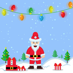 Illustration vector graphic of cartoon Funny happy Santa Claus character with gift, bag with presents. Blue background. Good for Christmas icons, Christmas stickers, Christmas book covers.