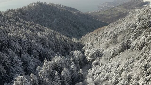Drone footages over snow-capped landscapes, Switzerland. 