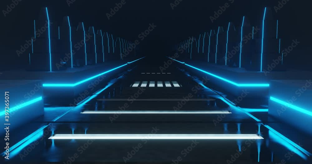 Poster 3d rendering loop motion of sci fi neon corridor.