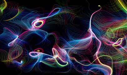 3d render of abstract art of surreal fantasy magic mystery background based on curve round twisted spirals glowing bloom lines strings or threads in neon purple yellow blue and green gradient color