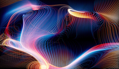 3d render of abstract art of surreal fantasy magic mystery background based on curve round twisted spirals glowing bloom lines strings in neon purple yellow  and blue gradient color - obrazy, fototapety, plakaty
