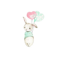 watercolor cute cartoone rabbits in love valentain day