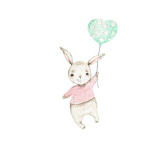 watercolor cute cartoone rabbits in love valentain day